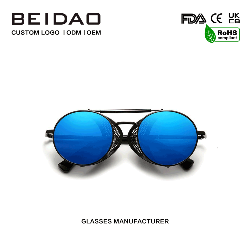 Lunettes transfrontalières à monture ronde en alliage bleu de créateur