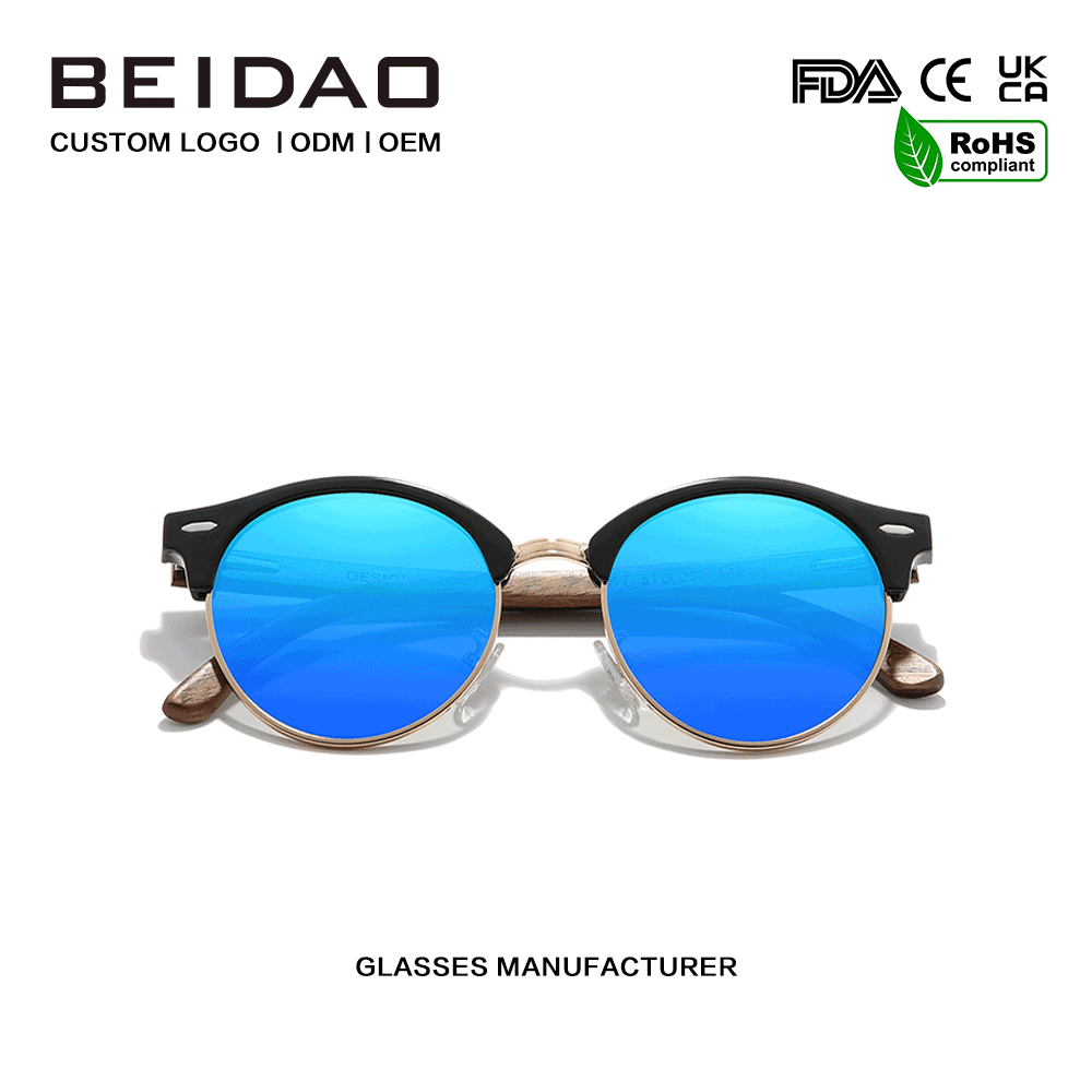 Lunettes de soleil polarisées bleues UV400 rondes en bois de noyer